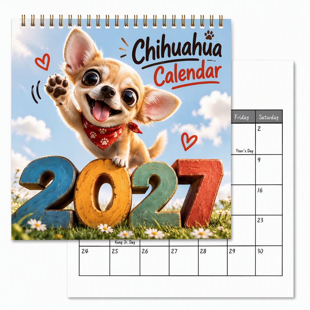 🔥🎁 Nyhed – 50 % RABAT! 🔥 Chihuahua-vægkalender for 12 måneder – tolv yndige illustrationer, tykt papir og kompakt format – gør året sødere og mere overskueligt 🐕