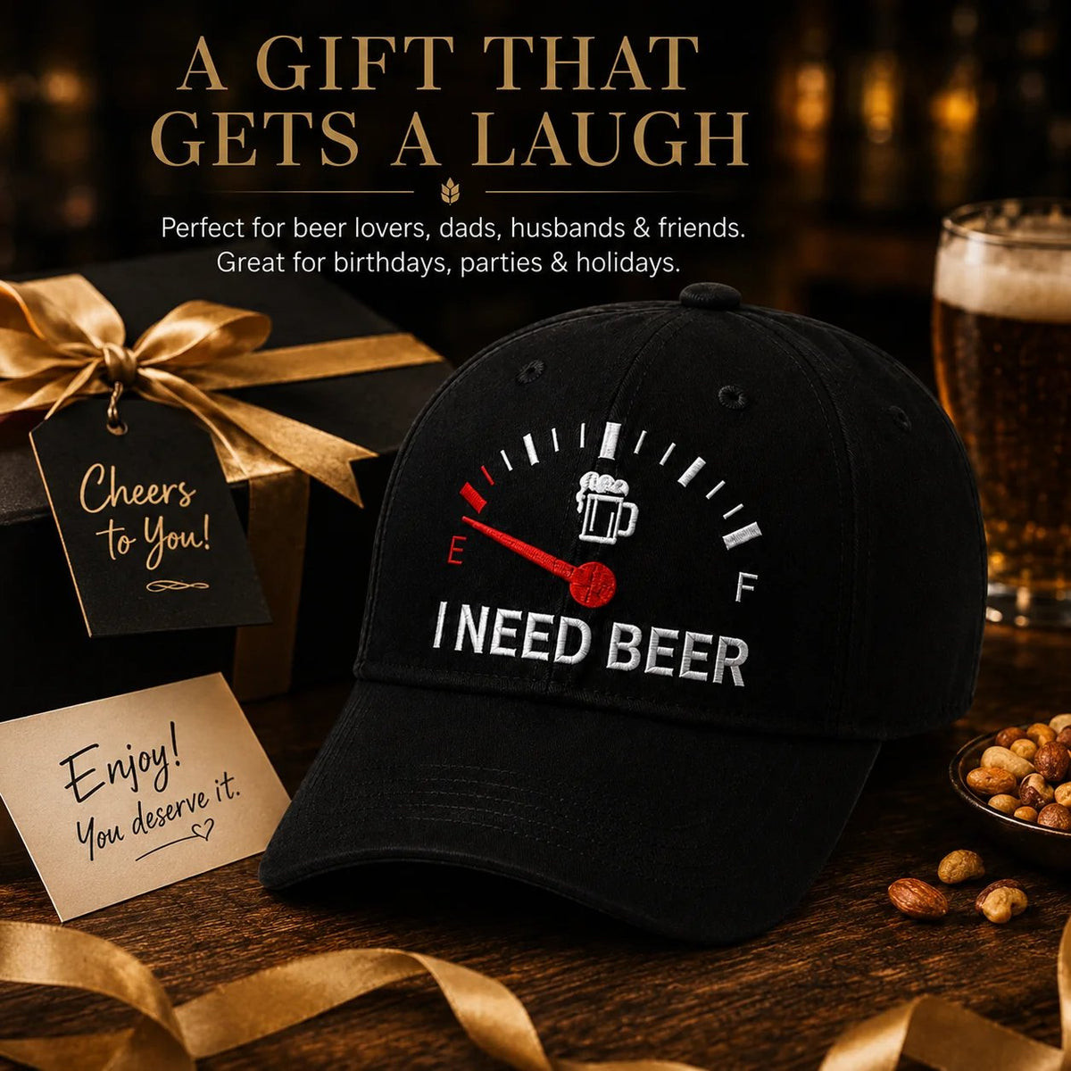 🍺 Baseballkasket med broderiet “I NEED BEER” – Unisex-souvenirkaske