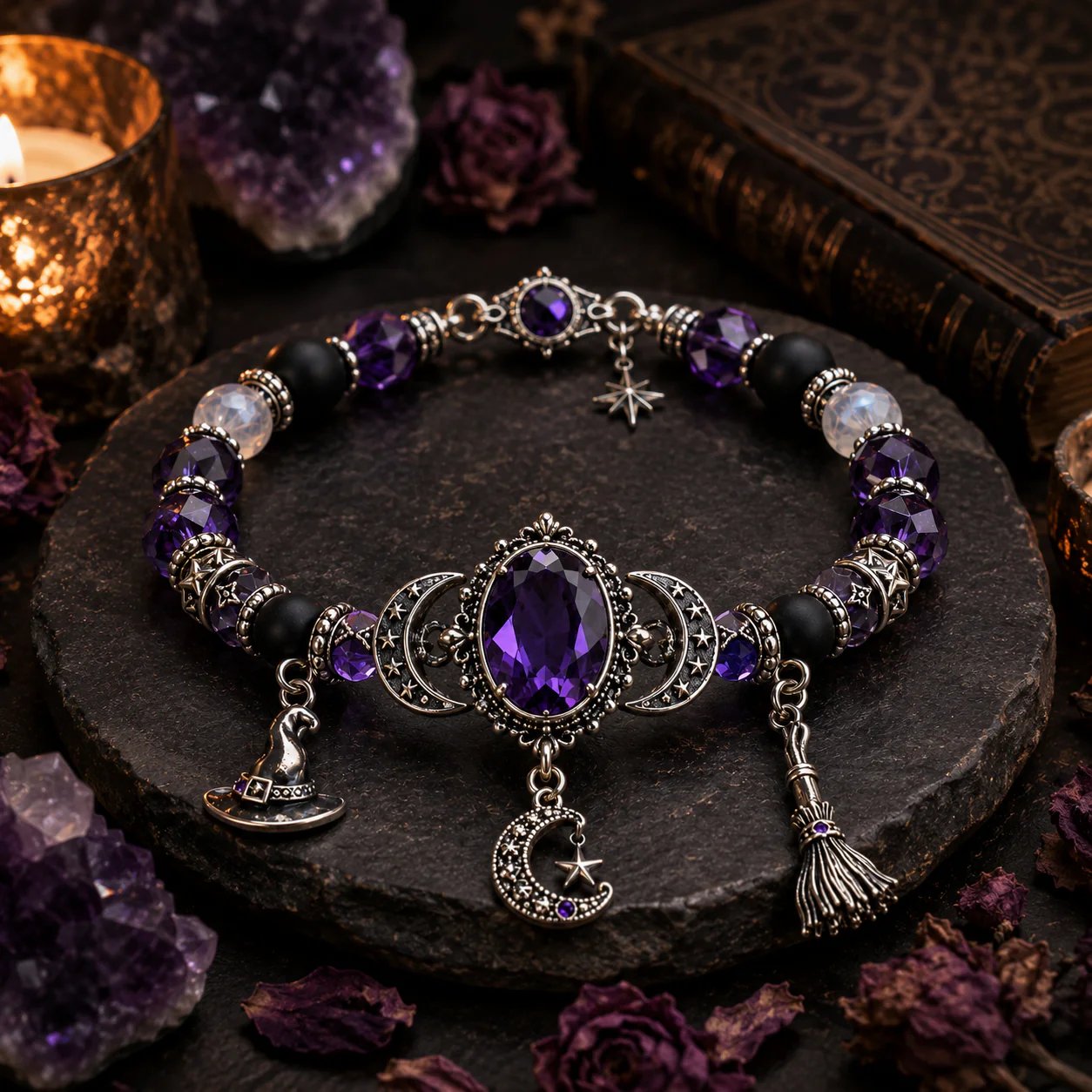 🔮 Armbånd med heksekrystal og månevedhæng