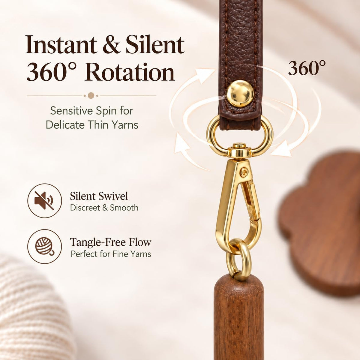 🧶 Bærbar garnholder i tre med håndleddsstropp, 360° roterende reise-garnspinde