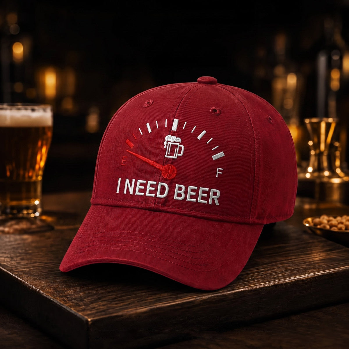 🍺 Baseballkasket med broderiet “I NEED BEER” – Unisex-souvenirkaske