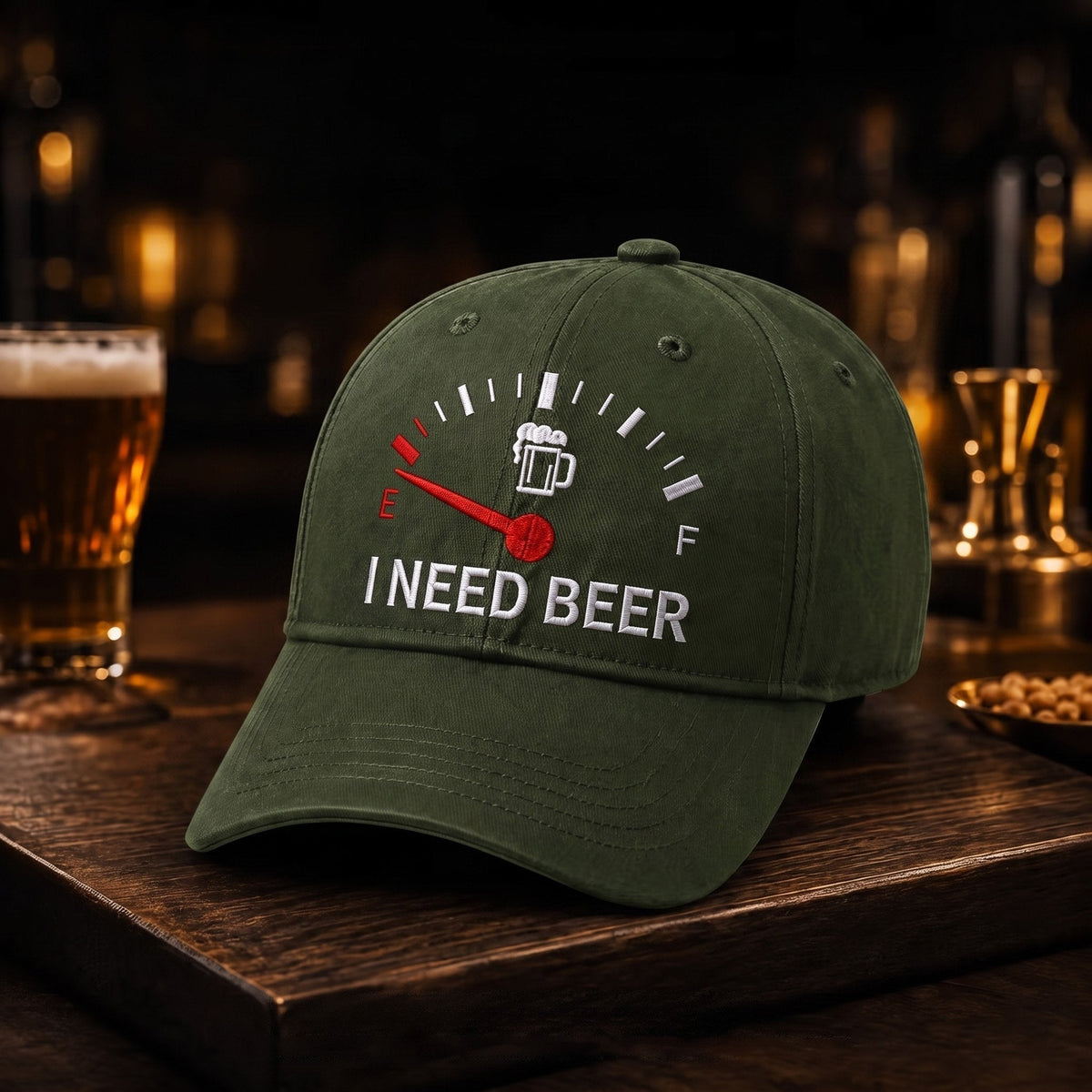 🍺 Baseballkasket med broderiet “I NEED BEER” – Unisex-souvenirkaske