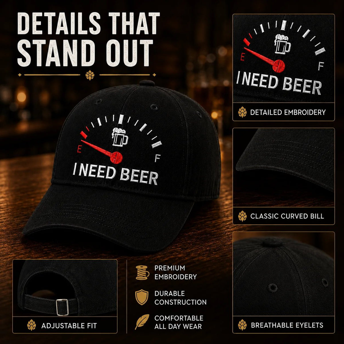 🍺 Baseballkasket med broderiet “I NEED BEER” – Unisex-souvenirkaske