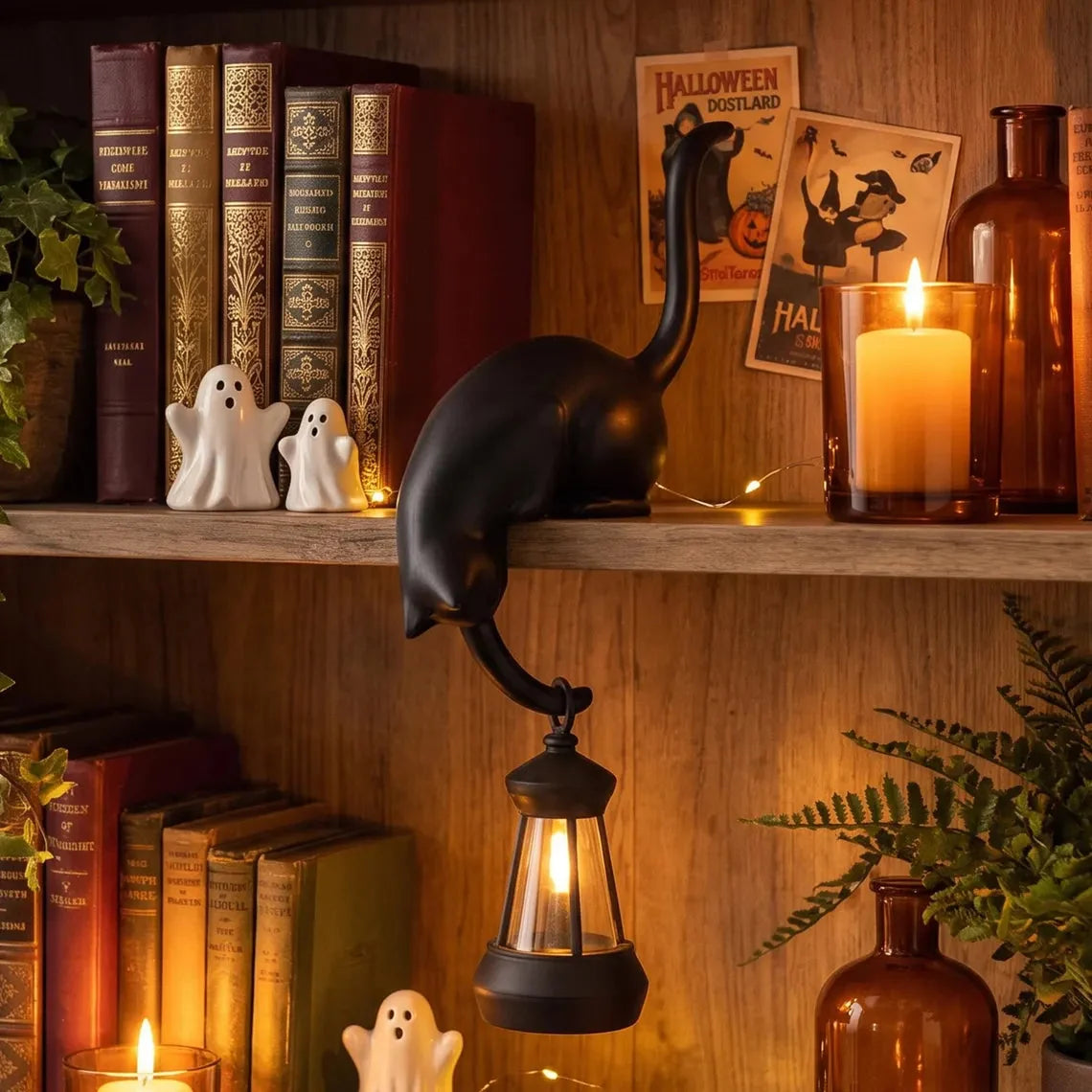 🐈‍Sød kattefigur til bogreolen med LED-lampe – Sød dekoration til bogreolen og praktisk nøglehage