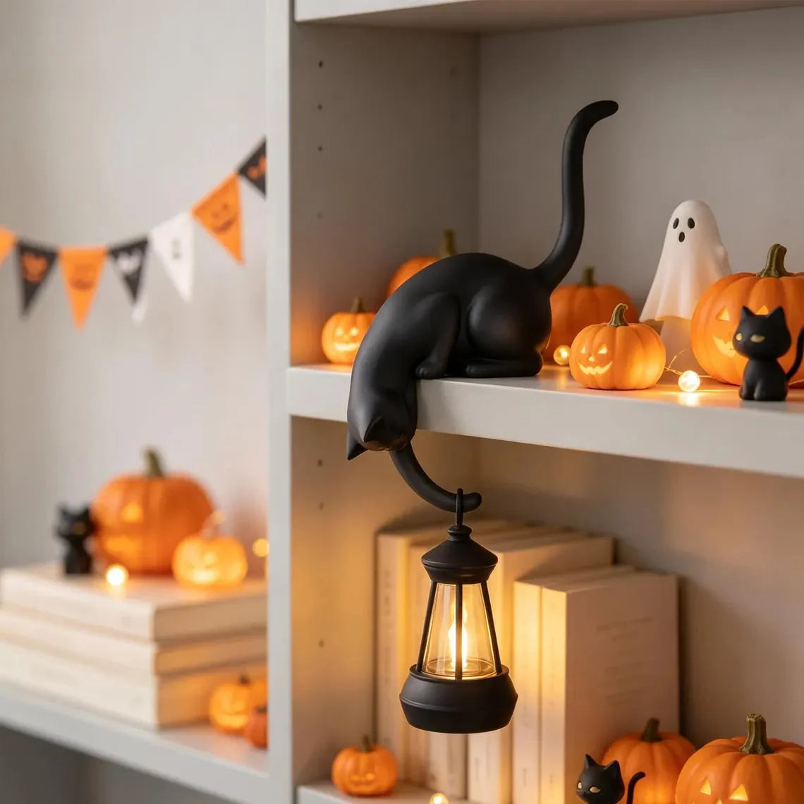 🐈‍Sød kattefigur til bogreolen med LED-lampe – Sød dekoration til bogreolen og praktisk nøglehage