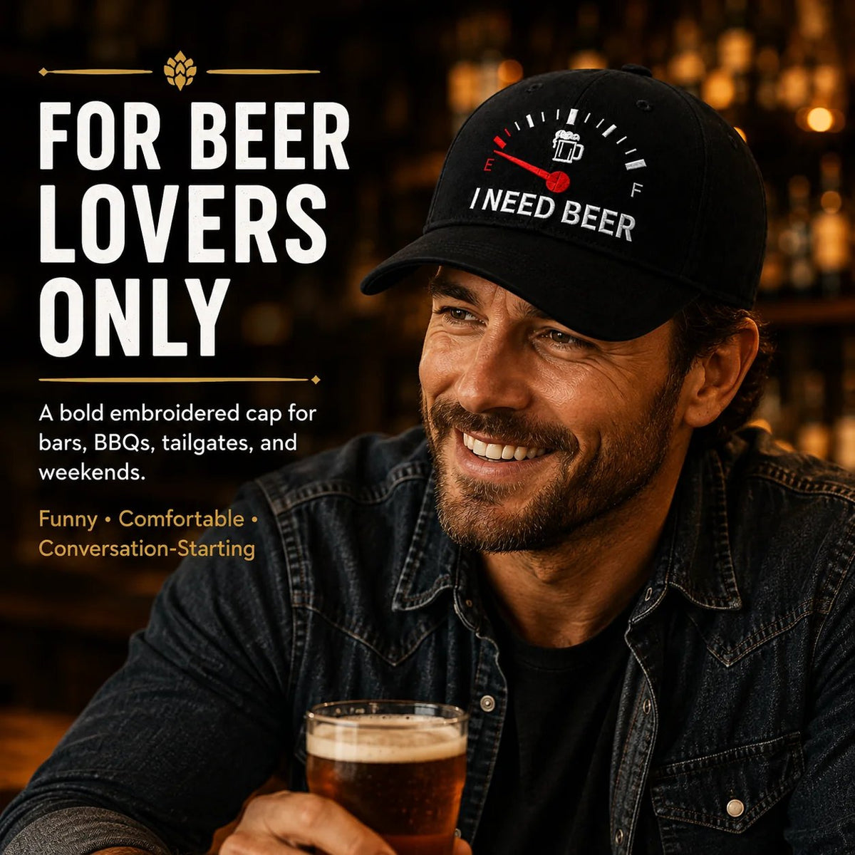 🍺 Baseballkasket med broderiet “I NEED BEER” – Unisex-souvenirkaske