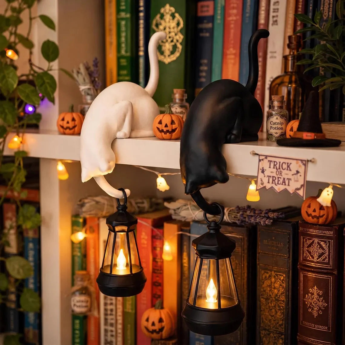 🐈‍Sød kattefigur til bogreolen med LED-lampe – Sød dekoration til bogreolen og praktisk nøglehage