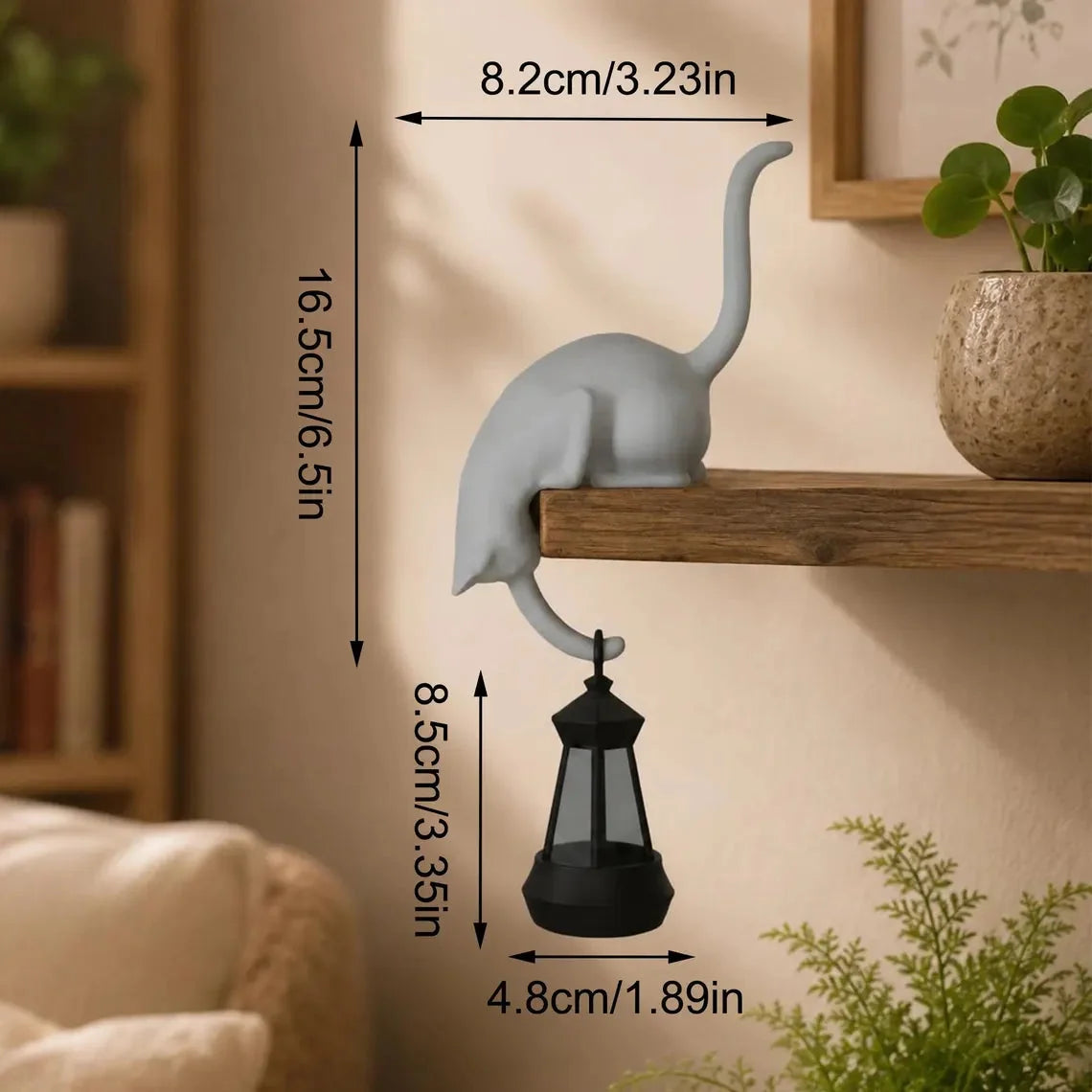 🐈‍Sød kattefigur til bogreolen med LED-lampe – Sød dekoration til bogreolen og praktisk nøglehage