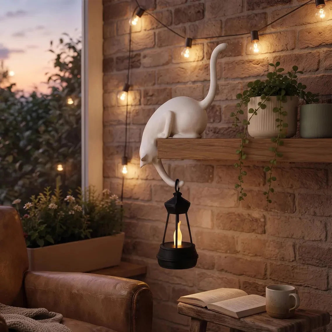 🐈‍Sød kattefigur til bogreolen med LED-lampe – Sød dekoration til bogreolen og praktisk nøglehage