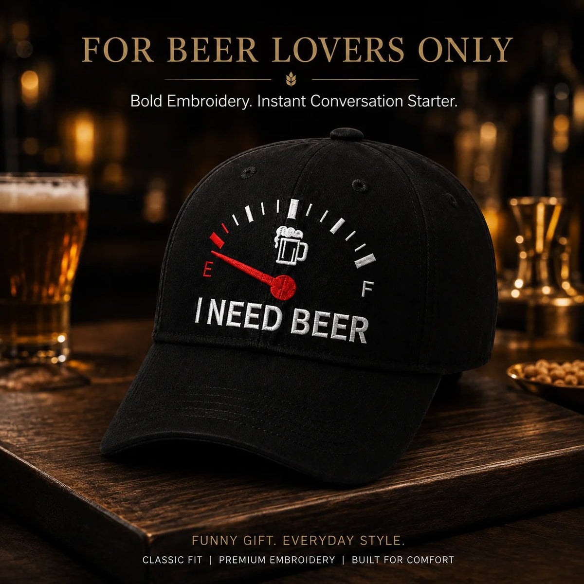 🍺 Baseballkasket med broderiet “I NEED BEER” – Unisex-souvenirkaske