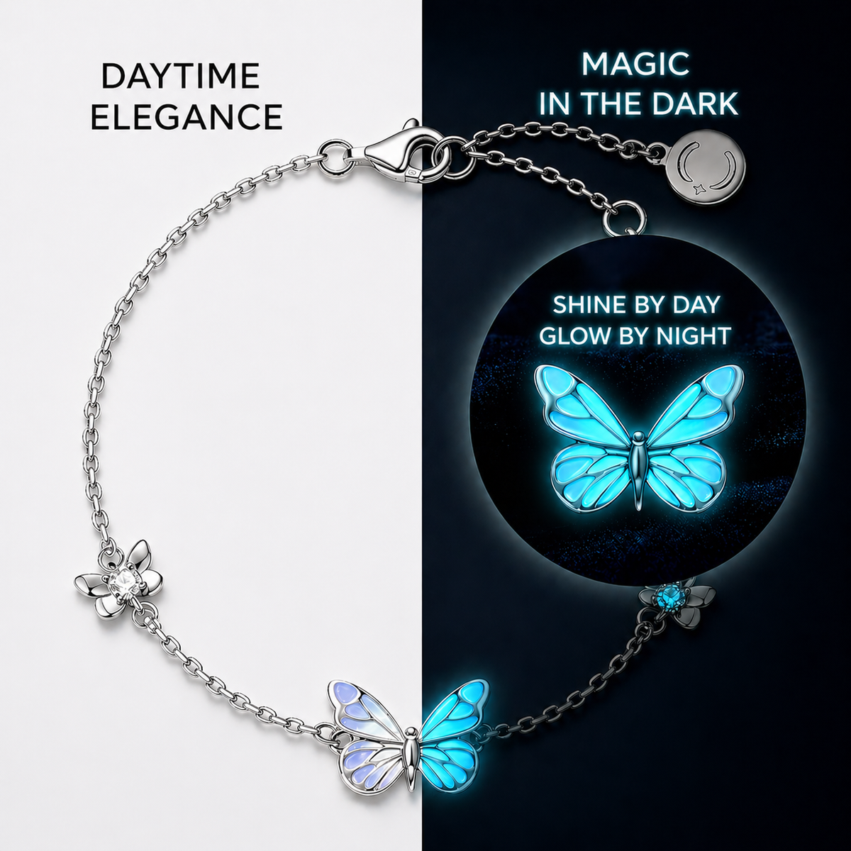🦋💙Et lysende sæt bestående af en halskæde og et armbånd med et vedhæng i form af en sommerfug