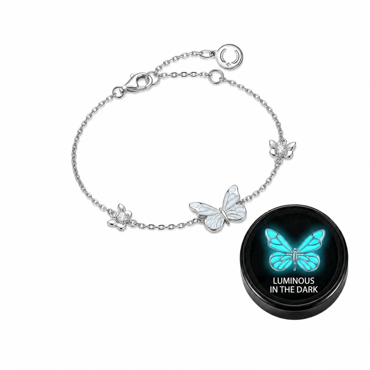 🦋💙Et lysende sæt bestående af en halskæde og et armbånd med et vedhæng i form af en sommerfug