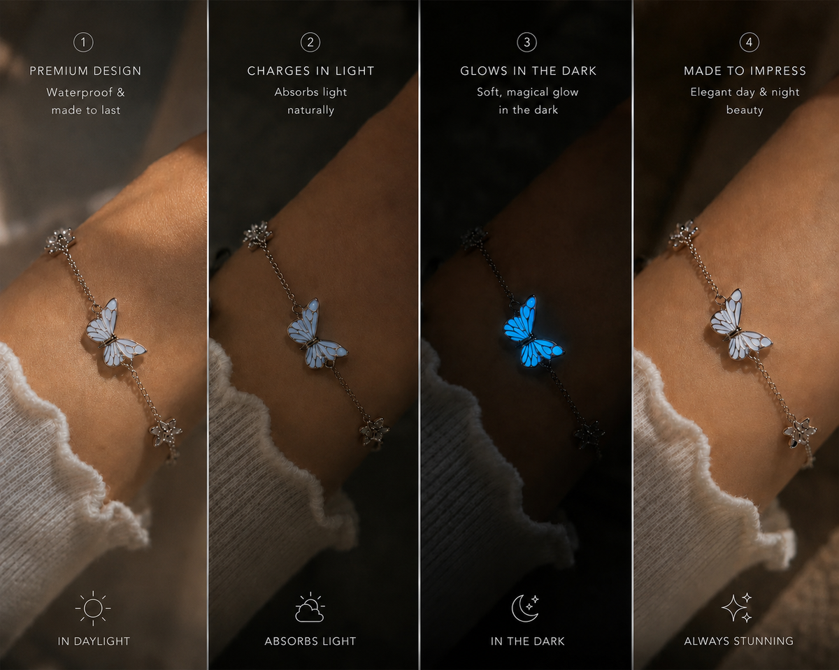 🦋💙Et lysende sæt bestående af en halskæde og et armbånd med et vedhæng i form af en sommerfug