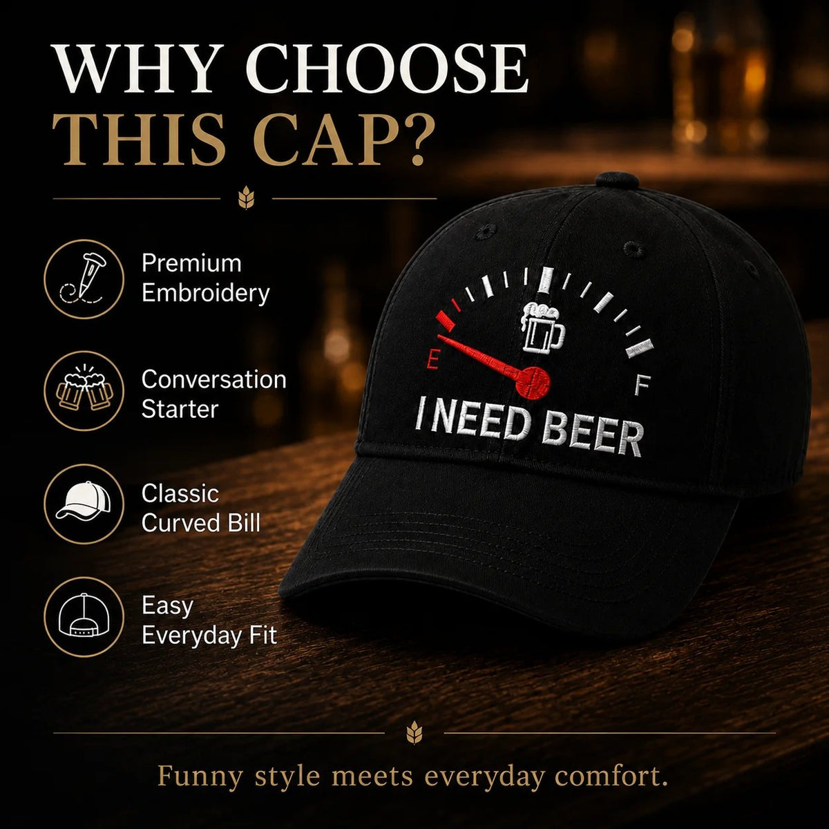 🍺 Baseballkasket med broderiet “I NEED BEER” – Unisex-souvenirkaske