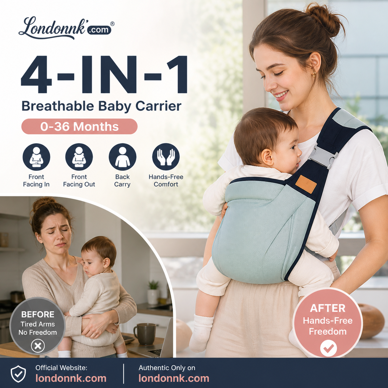 🎉 Udsalg 2026 – Over 30.000 solgt! 👶 4-i-1-bæresele med god ventilation – 0–36 måneder, fremad/bagud/med barnet vendt indad/udad – behagelig og giver forældre og barn frie hænder