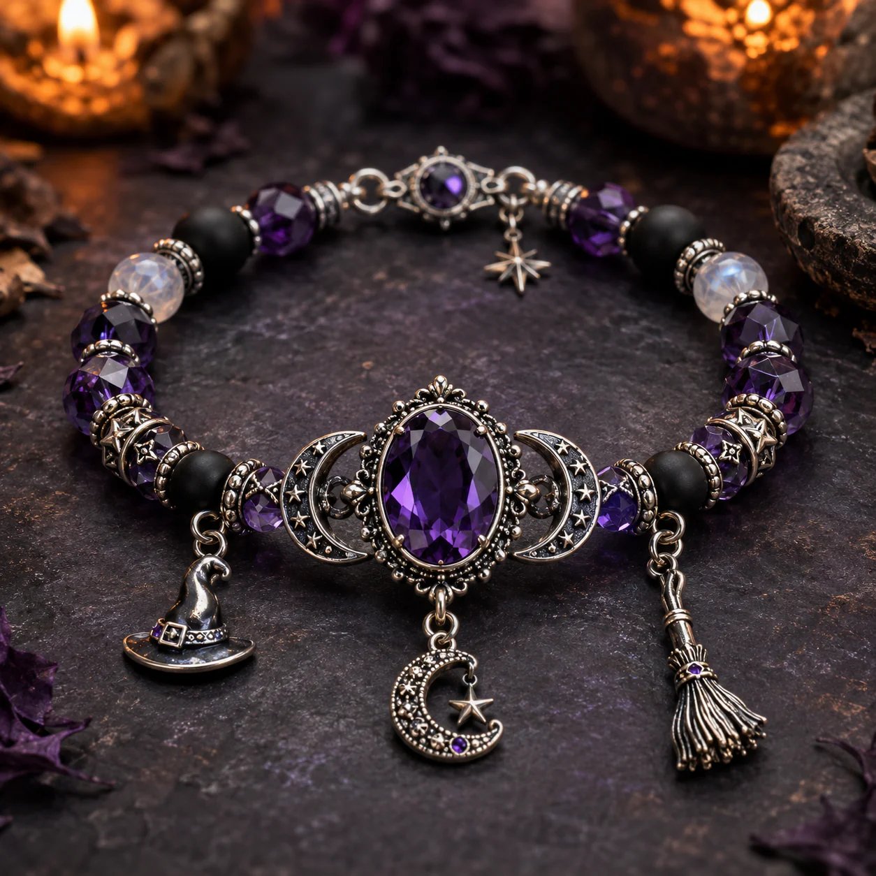 🔮 Armbånd med heksekrystal og månevedhæng