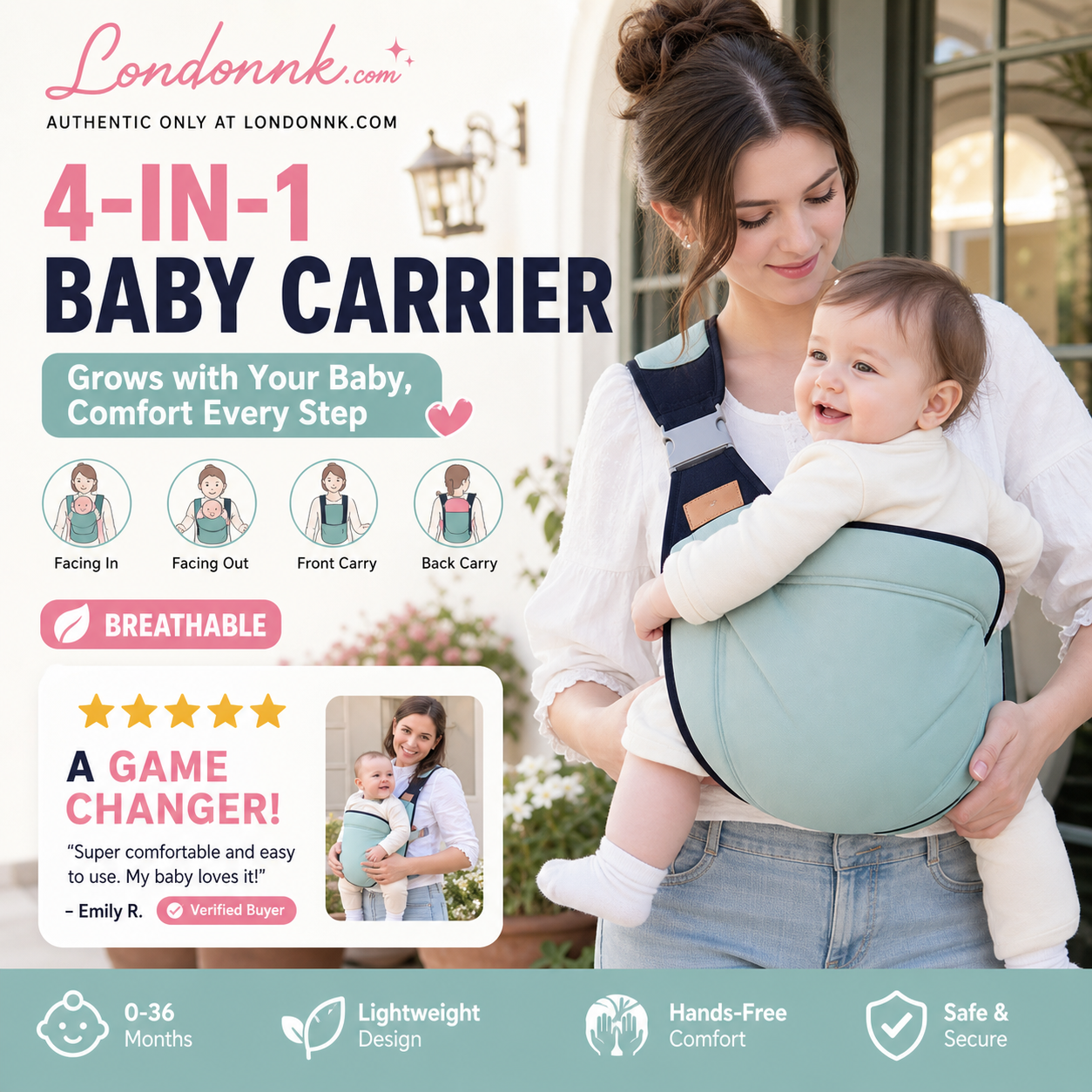 🎉 Udsalg 2026 – Over 30.000 solgt! 👶 4-i-1-bæresele med god ventilation – 0–36 måneder, fremad/bagud/med barnet vendt indad/udad – behagelig og giver forældre og barn frie hænder