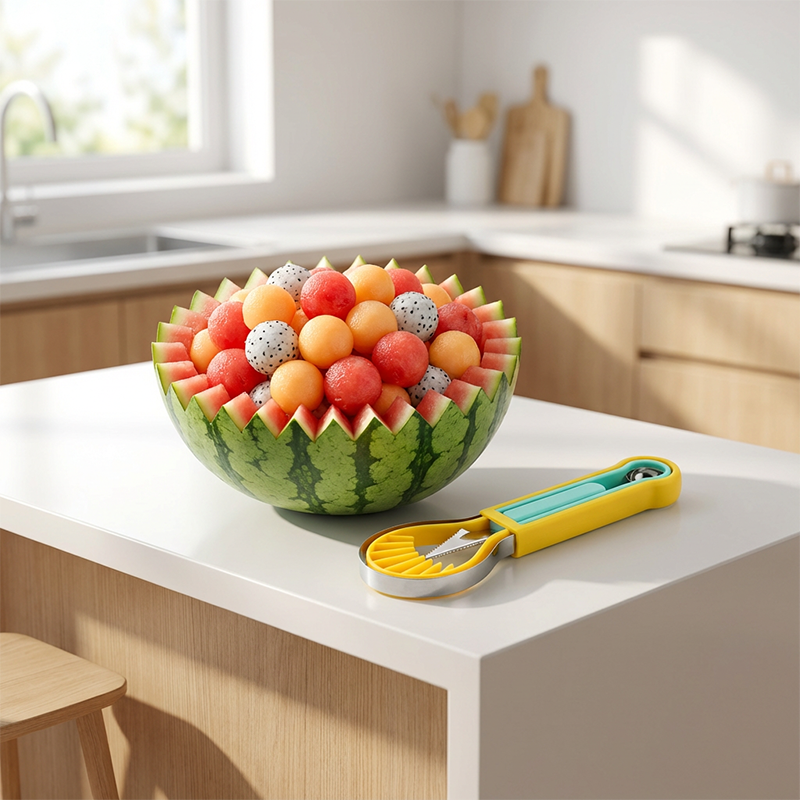 🍉 Få 50 % rabat nu! 3-delt sæt til frugt og meloner – til udskæring, formning og pynt – i rustfrit stål, kompakt opbevaring, behagelig at holde på – særligt velegnet til honningmelon, vandmelon og bløde frugter 🍓