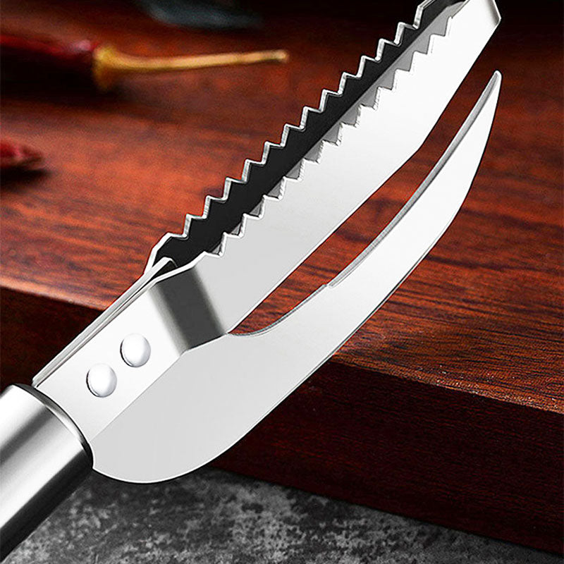 🔪 50 % RABAT NU! Multifunktionel fiskekniv i rustfrit stål – ultraskarpt blad, takket ryg for nem afskalning og ergonomisk håndtag – perfekt til filetering, udtagning og hakning af urter 🐟