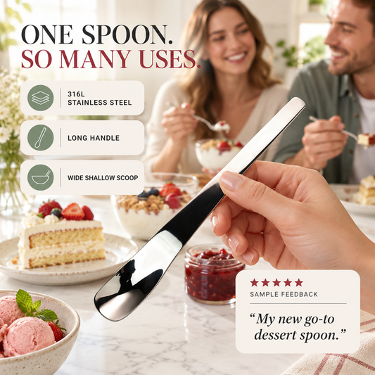 Dessertske i rustfrit stål med langt, ergonomisk skaf
