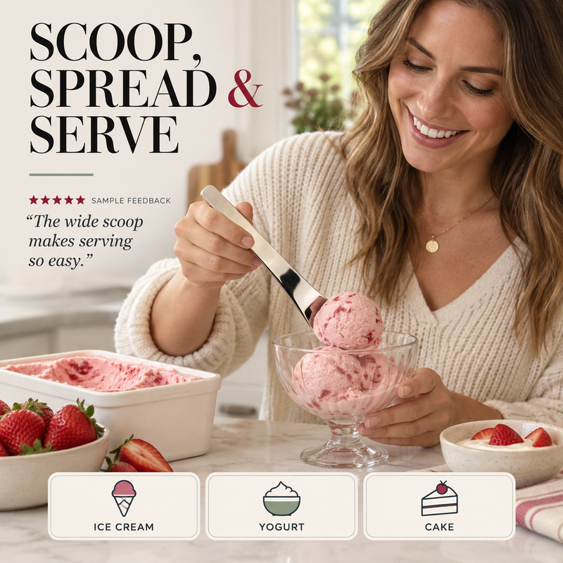 Dessertske i rustfrit stål med langt, ergonomisk skaf