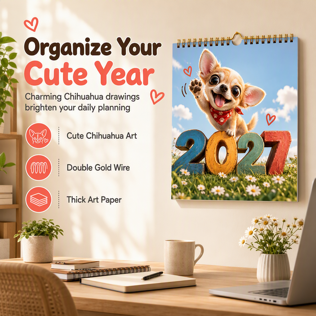 🔥🎁 Nyhed – 50 % RABAT! 🔥 Chihuahua-vægkalender for 12 måneder – tolv yndige illustrationer, tykt papir og kompakt format – gør året sødere og mere overskueligt 🐕