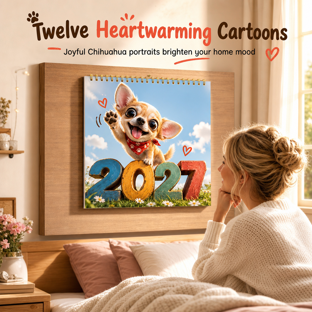 🔥🎁 Nyhed – 50 % RABAT! 🔥 Chihuahua-vægkalender for 12 måneder – tolv yndige illustrationer, tykt papir og kompakt format – gør året sødere og mere overskueligt 🐕