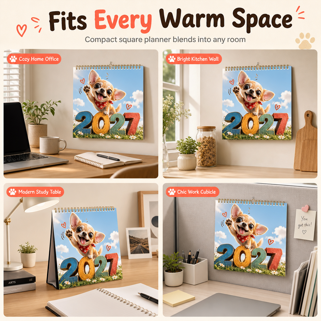 🔥🎁 Nyhed – 50 % RABAT! 🔥 Chihuahua-vægkalender for 12 måneder – tolv yndige illustrationer, tykt papir og kompakt format – gør året sødere og mere overskueligt 🐕