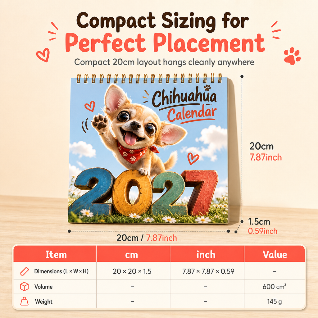 🔥🎁 Nyhed – 50 % RABAT! 🔥 Chihuahua-vægkalender for 12 måneder – tolv yndige illustrationer, tykt papir og kompakt format – gør året sødere og mere overskueligt 🐕