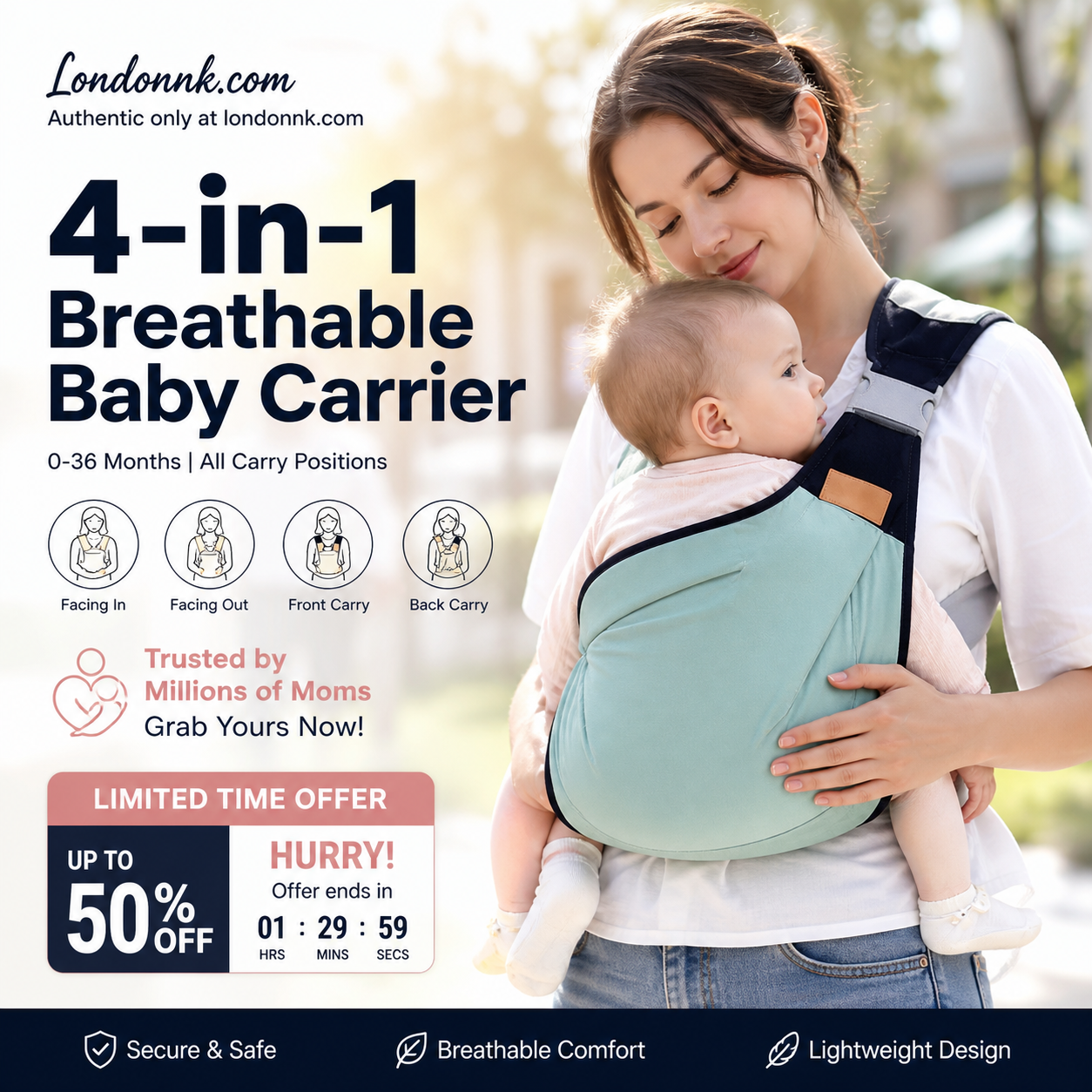 🎉 Udsalg 2026 – Over 30.000 solgt! 👶 4-i-1-bæresele med god ventilation – 0–36 måneder, fremad/bagud/med barnet vendt indad/udad – behagelig og giver forældre og barn frie hænder